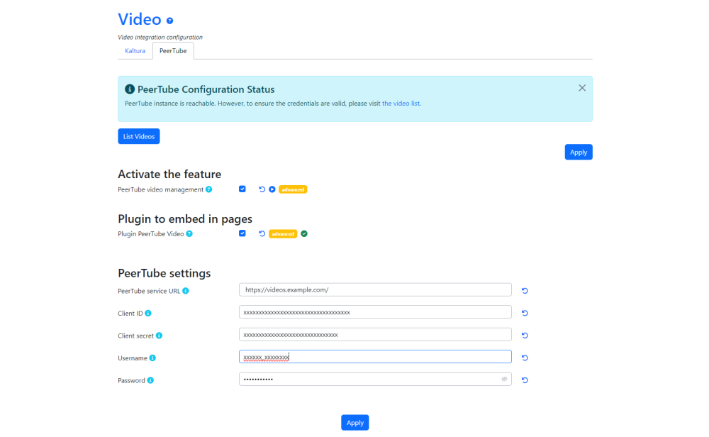 Admin UI – PeerTube tab